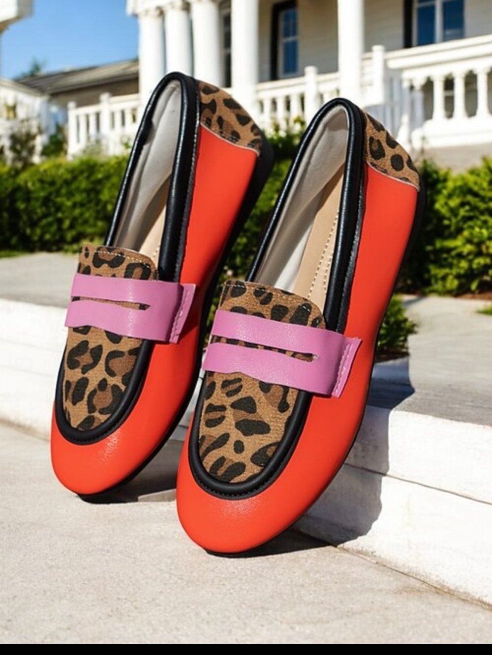 Leopard Print Colorblock Loafers with Pink Strap